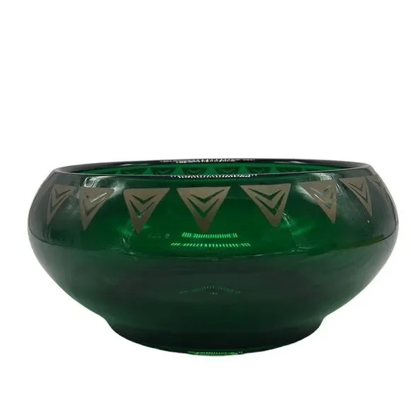 Dalzell Viking Bowl Epic Line Vintage Green Glass Geometric Gold Triangles MCM